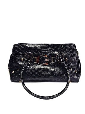 Guess Black Croc-Embossed Satchel with Gold Accents